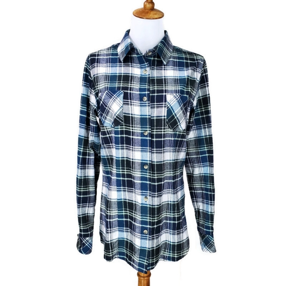 CQR Womens Casual Blue/White Plaid Flannel 100% Cotton Shirt SZ XS Gorpcore